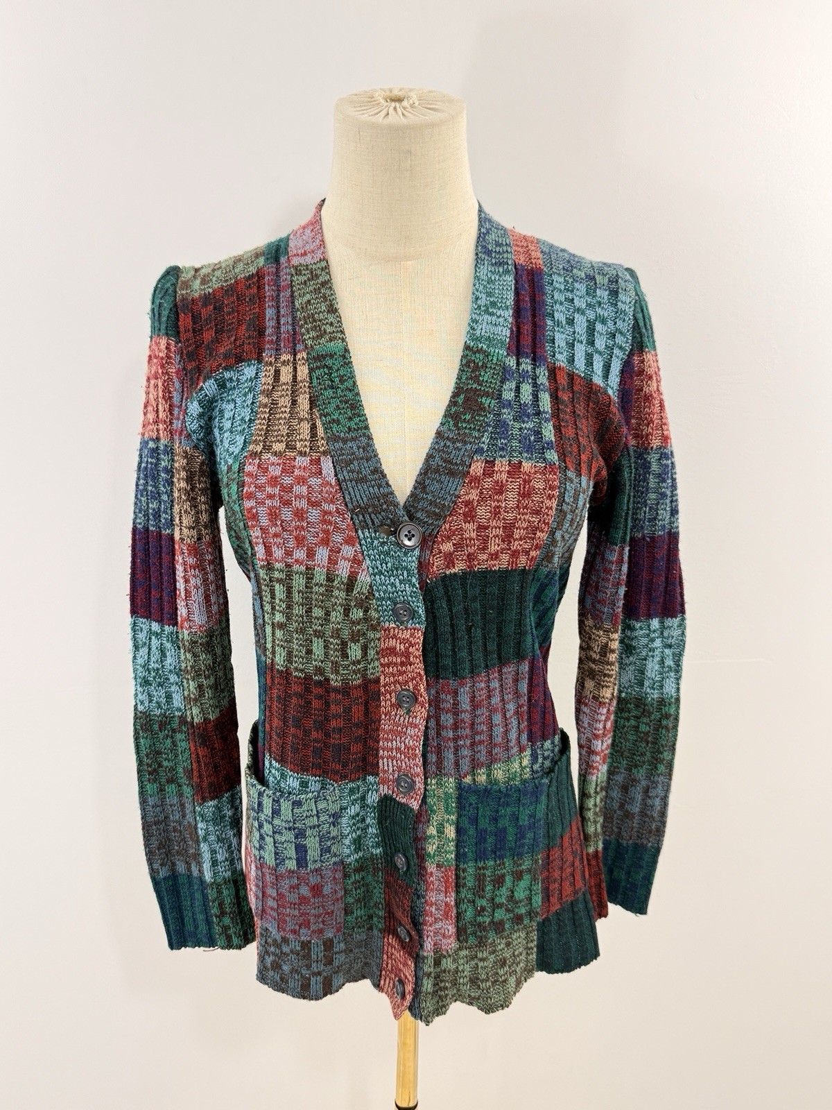 vintage space dye cardigan button up 60s 70s pockets acrylic womens m patchwork