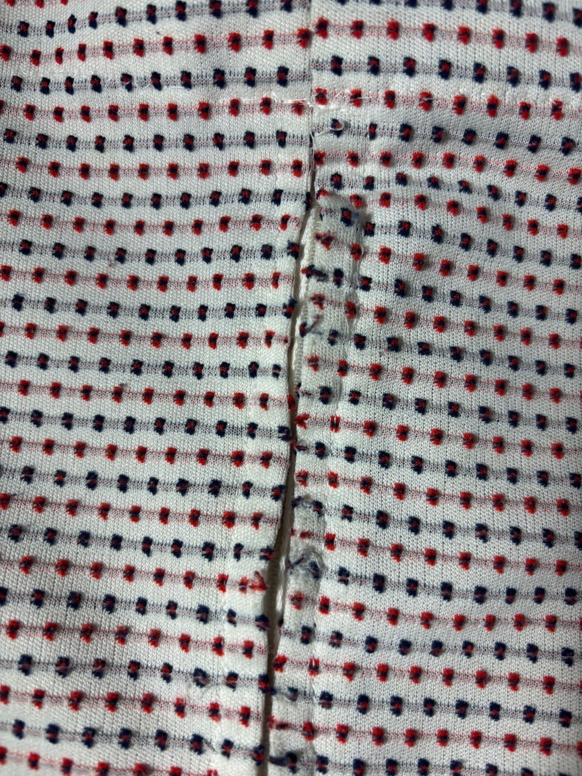 Vintage 70s Waitress Top Women’s Large Dotted Red Blue Textured Hip Pockets Zip