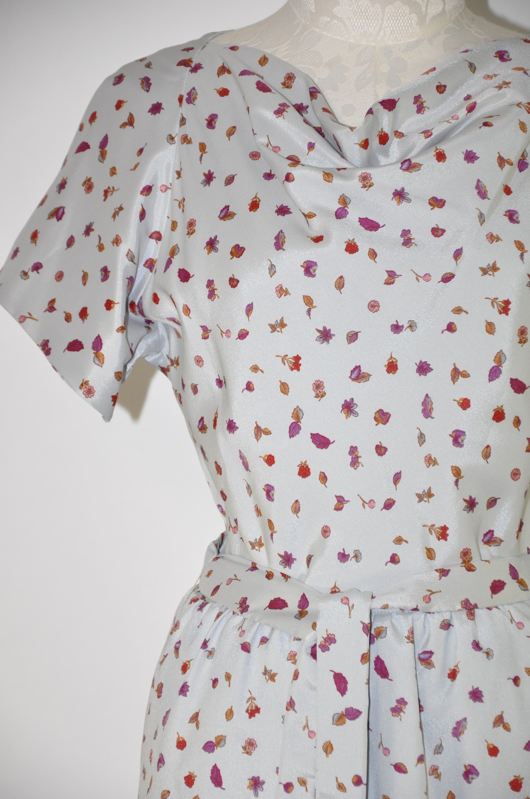 60s Vintage Silver Autumn Leaf Print Faux Wrap Cocktail Pencil Dress Women S M