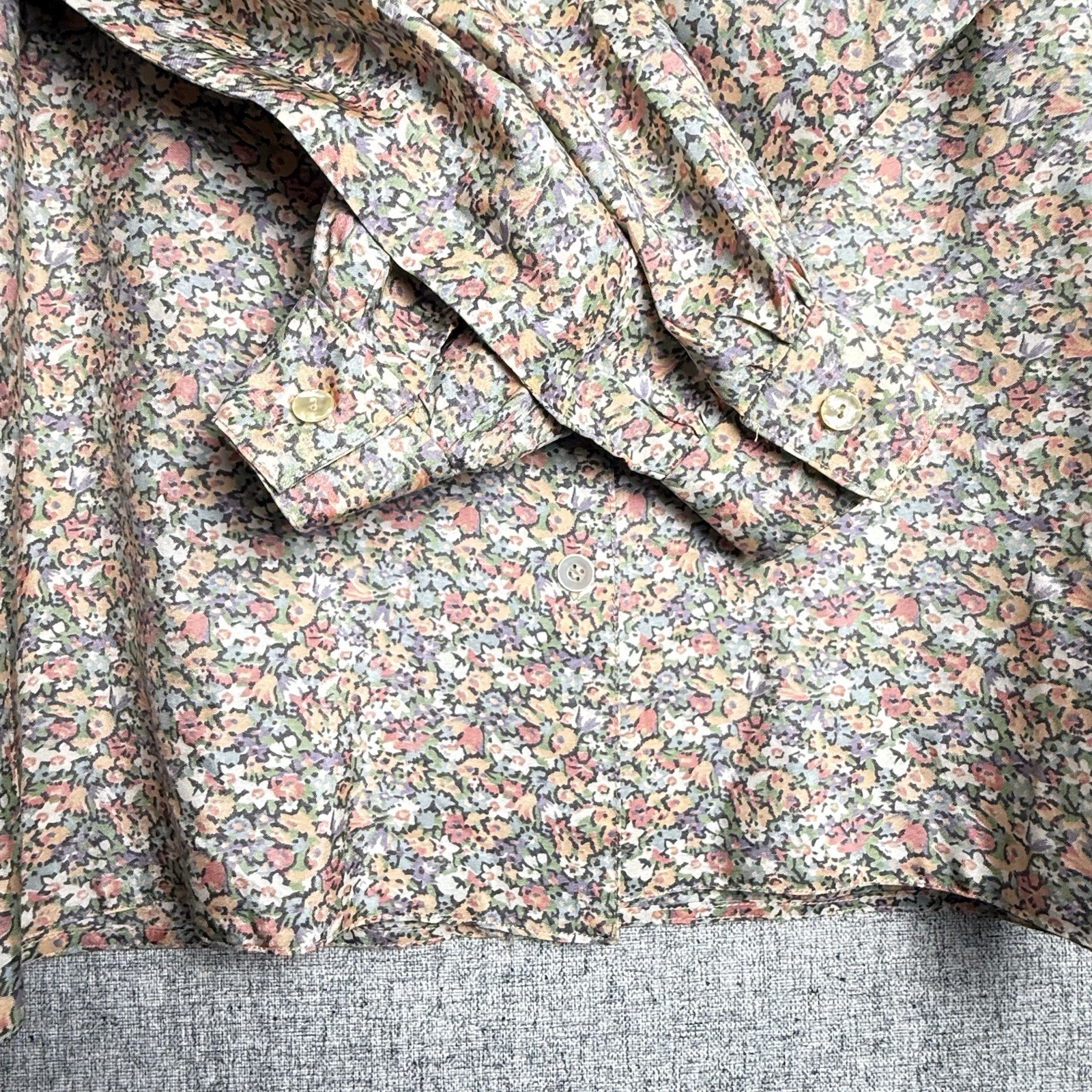 Vintage 70s/80s Ivory Pink Green Floral Handmade Button Down Shirt S/MEDIUM