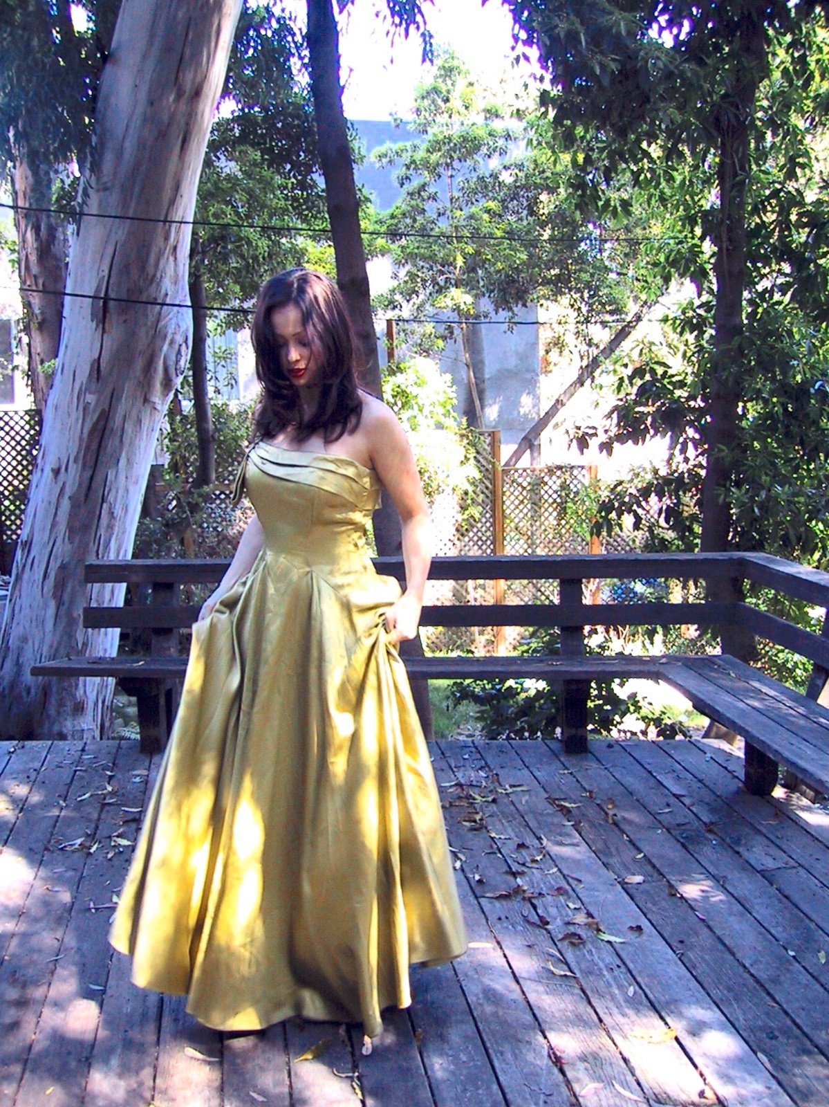 1950s CEIL CHAPMAN Silk Satin Gown Green Gold One Shoulder Full Skirt Dress
