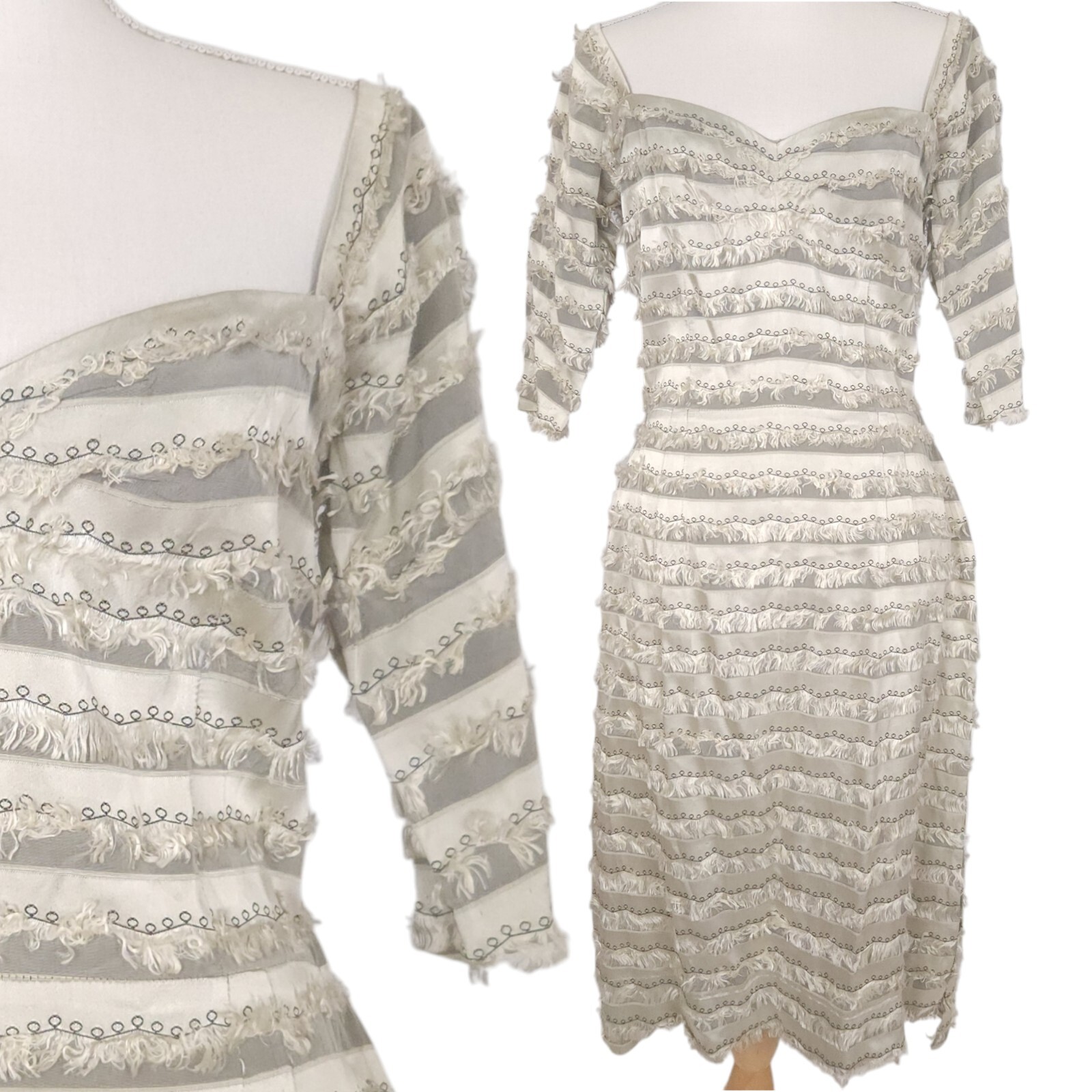 Lilli Diamond Couture Satin Dress Ladies 14 Bridal Wiggle Bombshell Fringing 60s