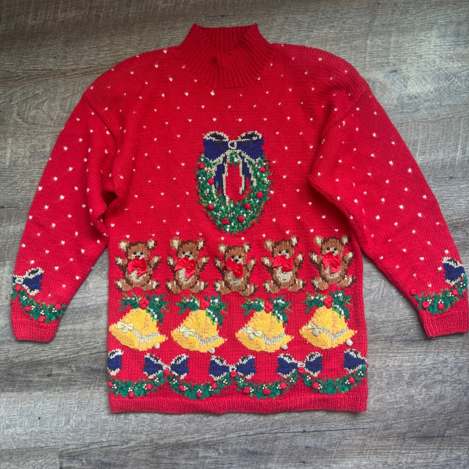 Marisa Christina Vintage Hand Knit Christmas Granny Sweater Red Teddy Bear Bell
