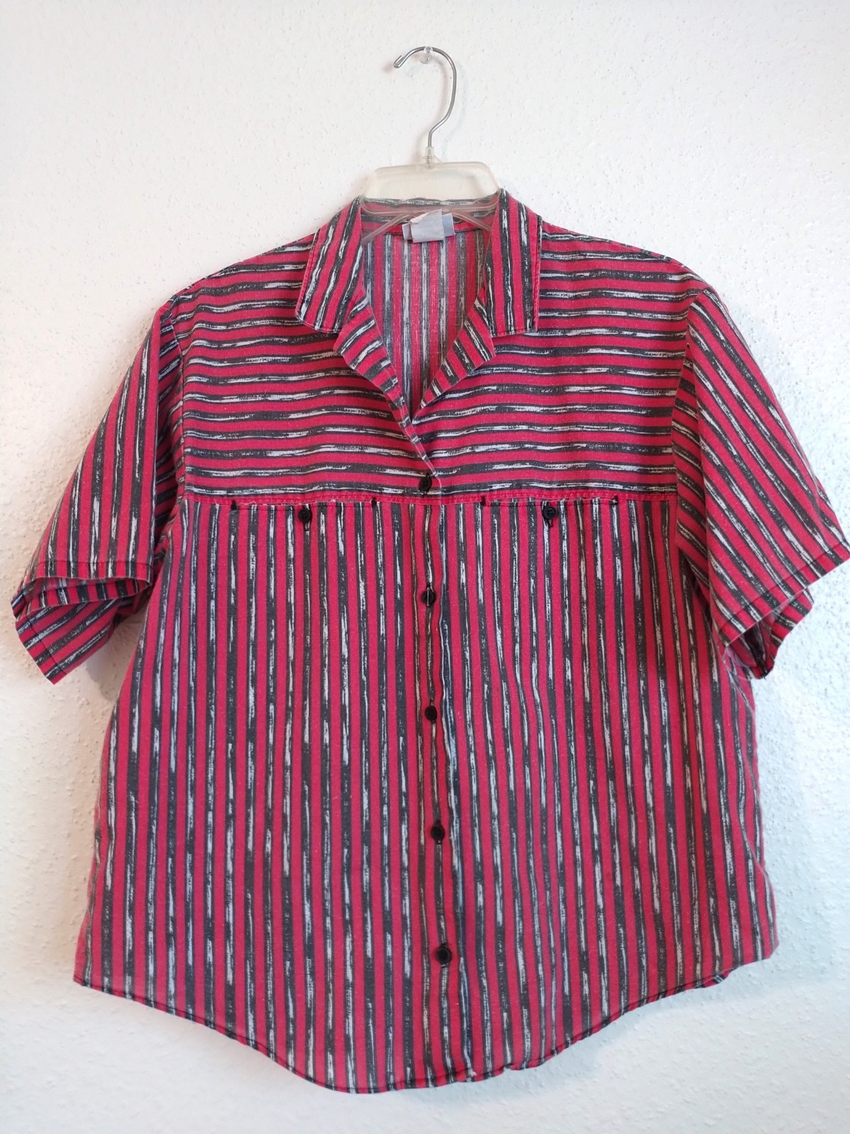Carlyle VTG 90’s Womans Button Up Black Red White Stripe Short Sleeve Top Sz 12