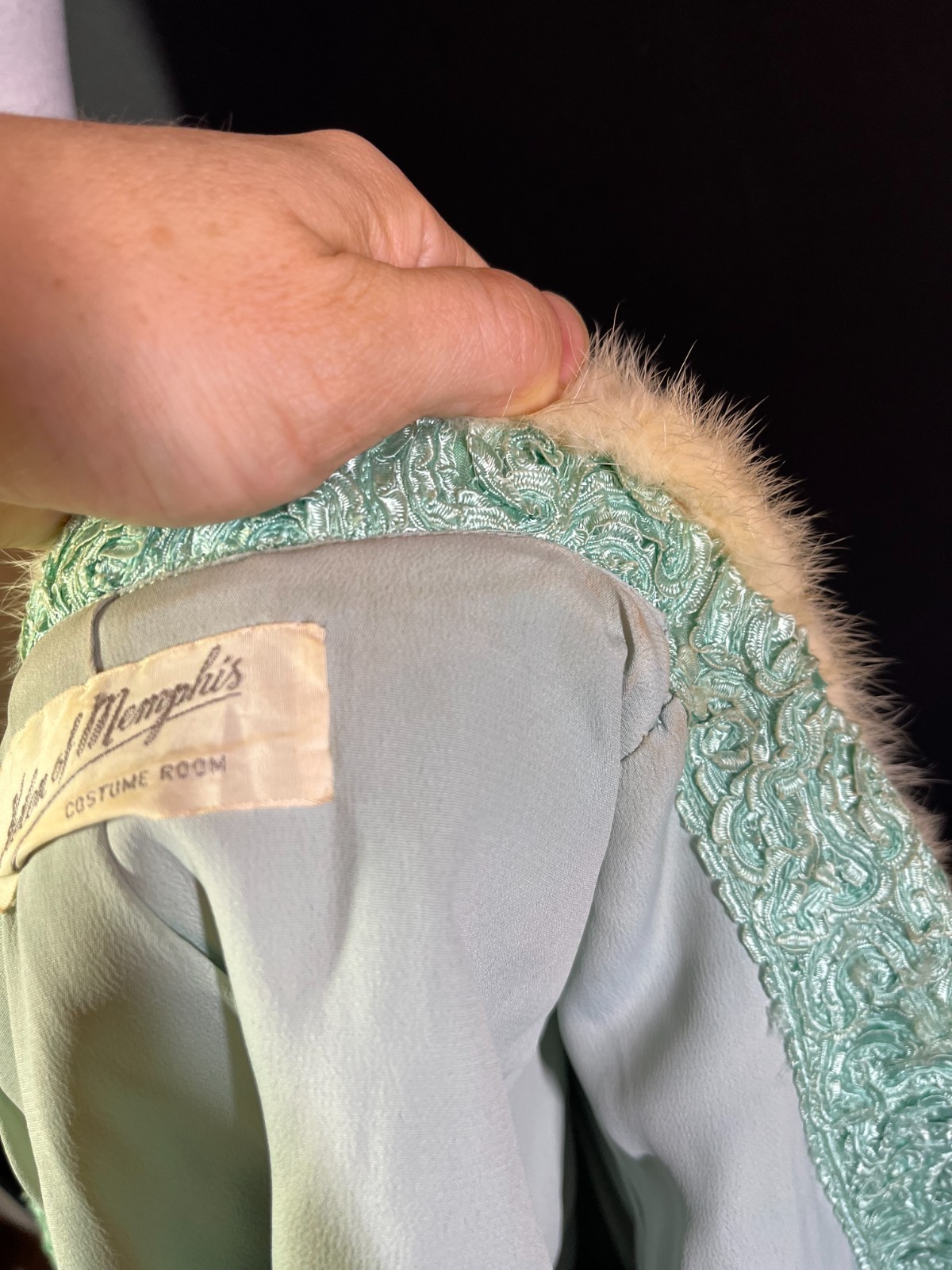 Vintage 1950s Helen of Memphis Costume Room Size 12 Green Jacket Fur Collar