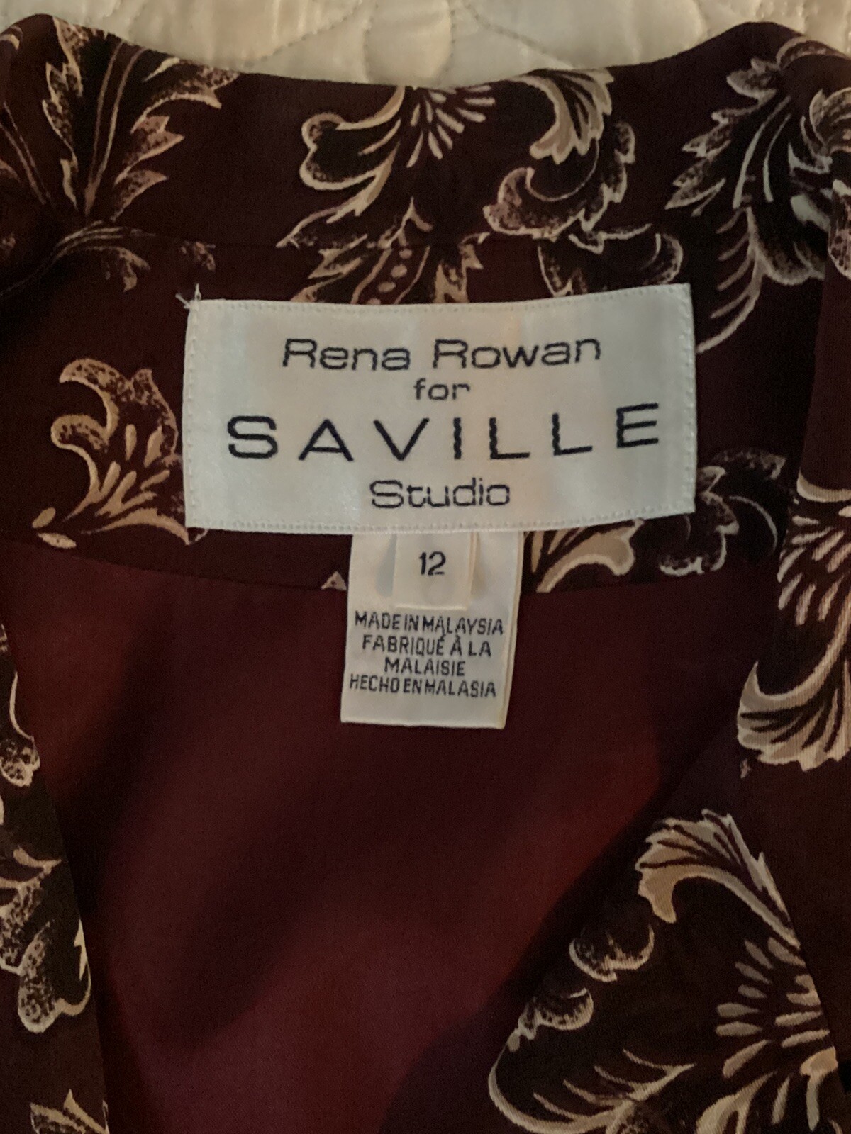 Vintage 2 Piece Women’s Suit Rena Rowan For Seville Sz 12 Burgundy Solid & Print