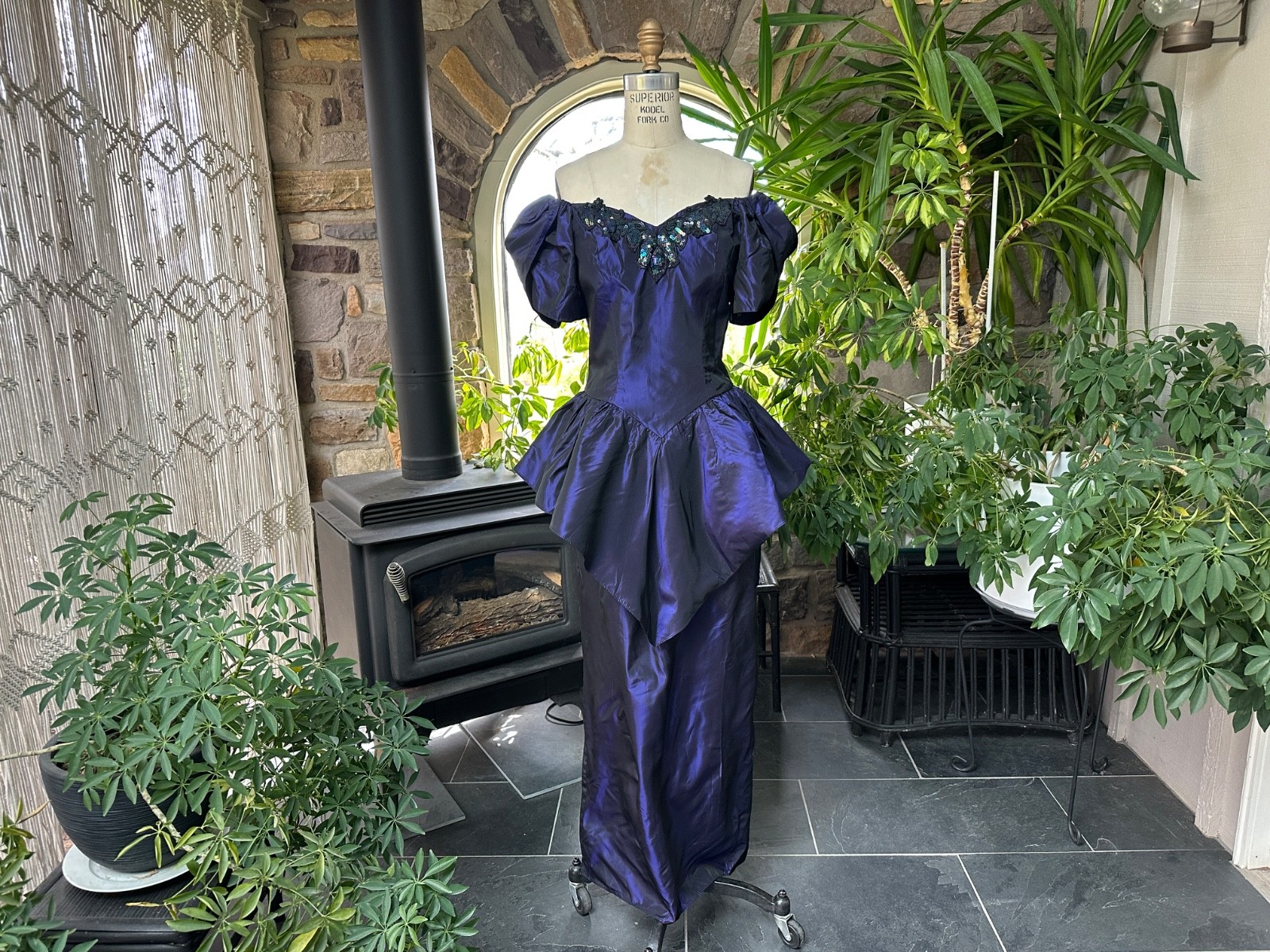 Vintage 1980s Purple Iridescent Taffeta Sequin Drop Waist Formal Maxi Dress