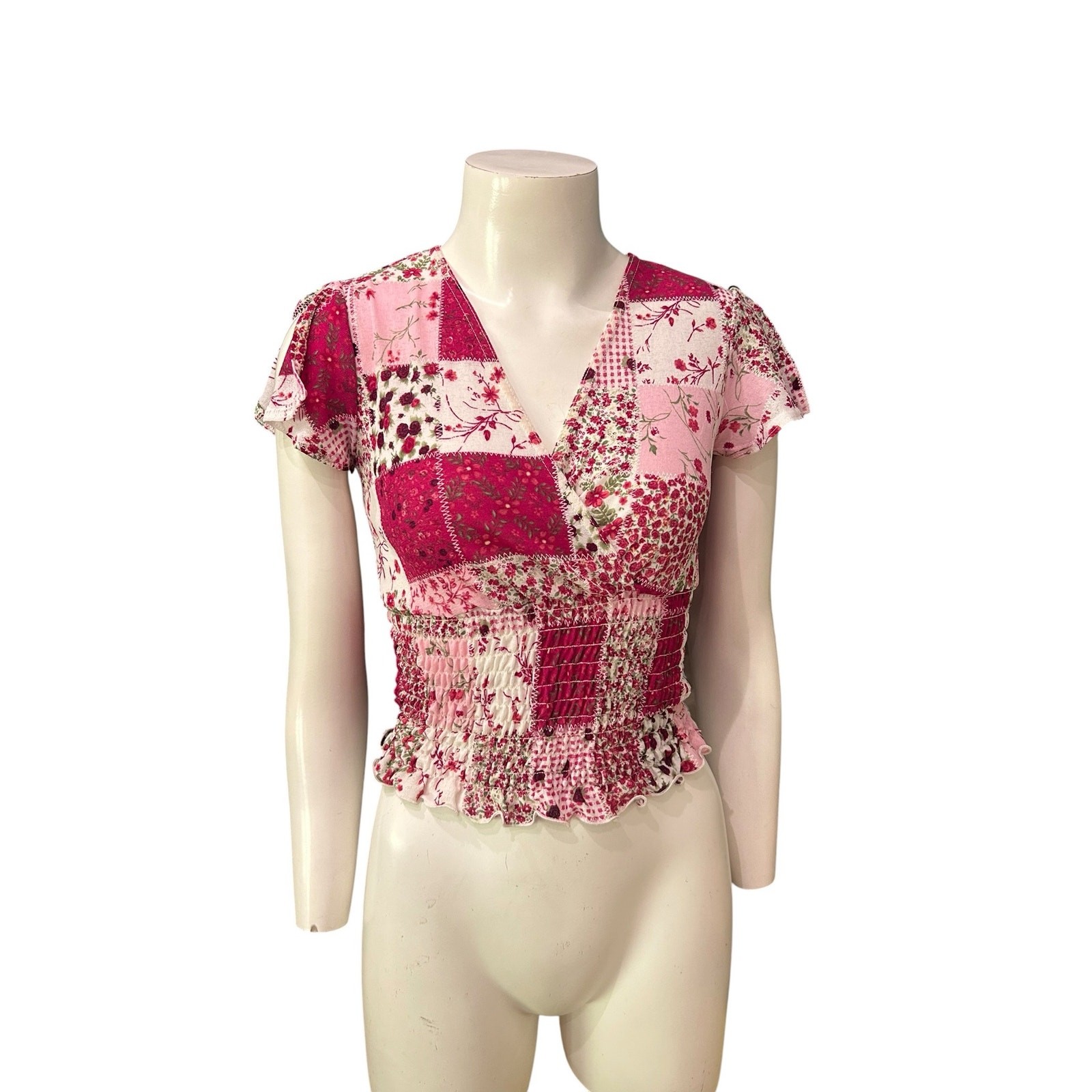 Y2K Pink Patchwork Floral Smocked Crop Top Cottagecore Boho USA Small ^