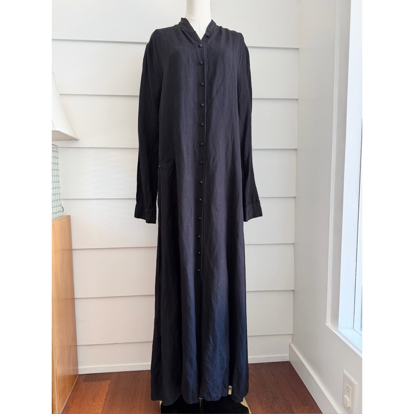 Vintage FLAX by Jeanne Engelhart Black Linen Button-Down Maxi Dress size M