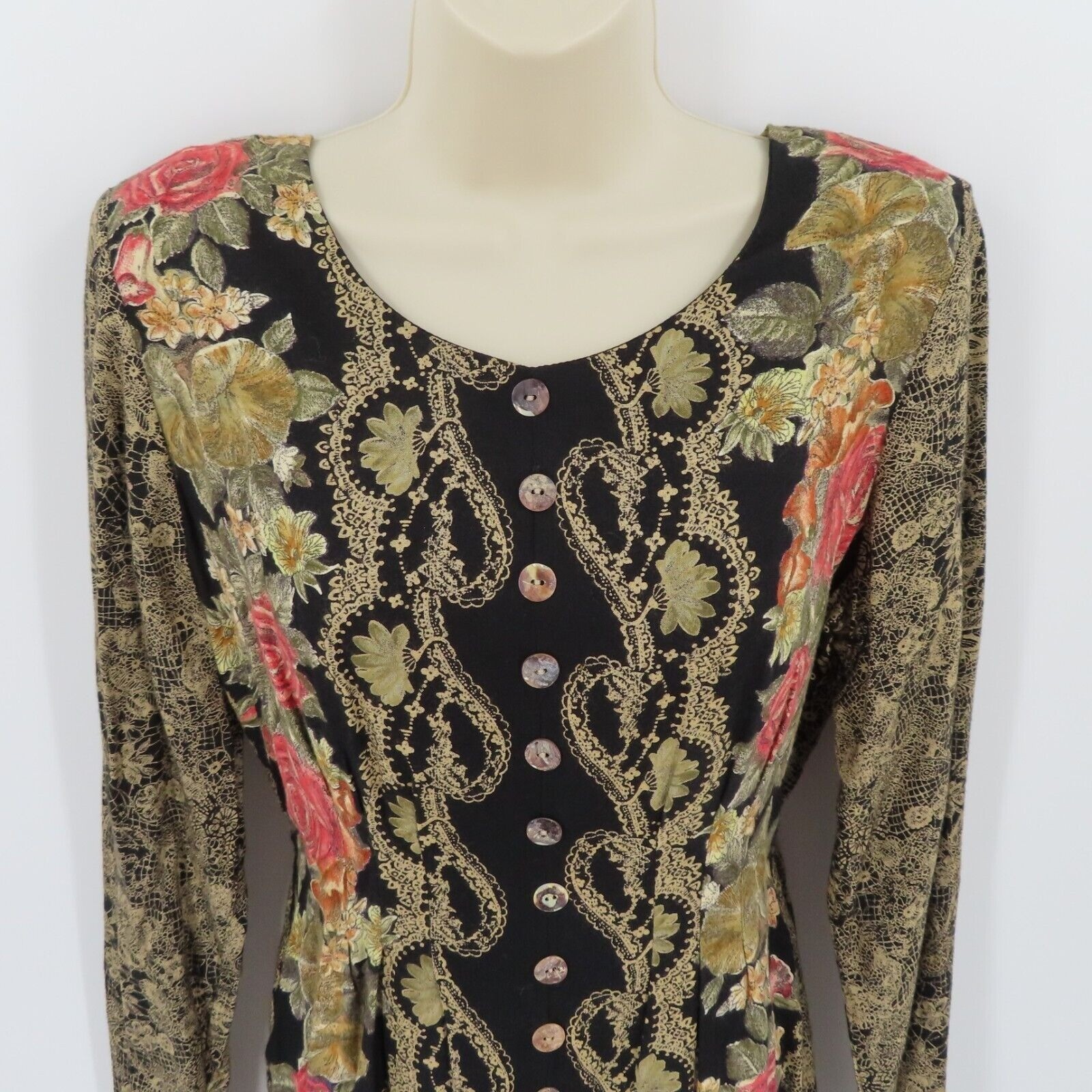 VTG Dawn Joy Womens 7/8 Floral Flower Lace Print Button Long Sleeve Dress Boho