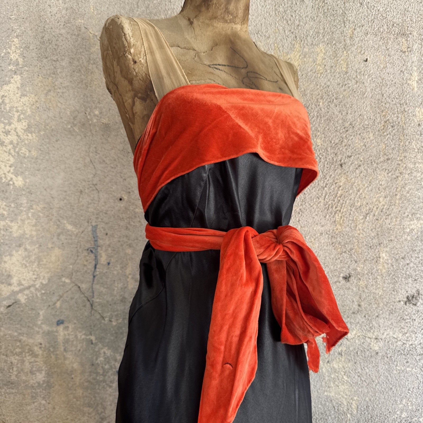 Vintage 1930s Black Silk Satin Dress Orange Silk Velvet Bow Wrap Lace Trim Bias