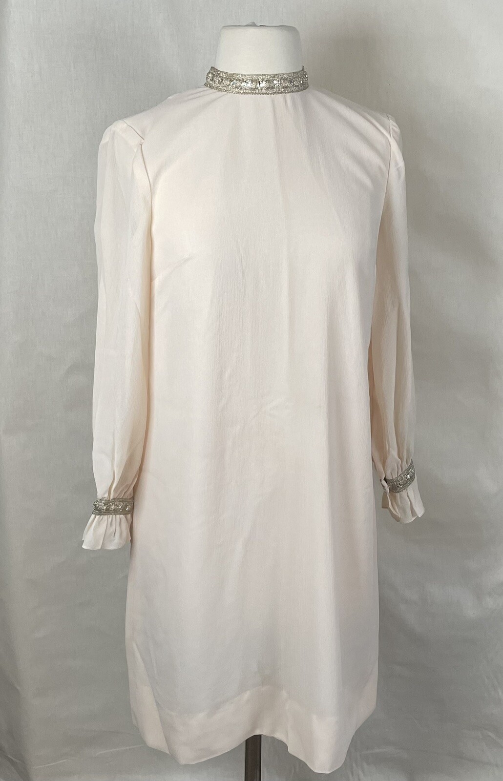 Light Blush Chiffon Vintage 1960s Evening Shift Dress XS Fancy Collar Organza