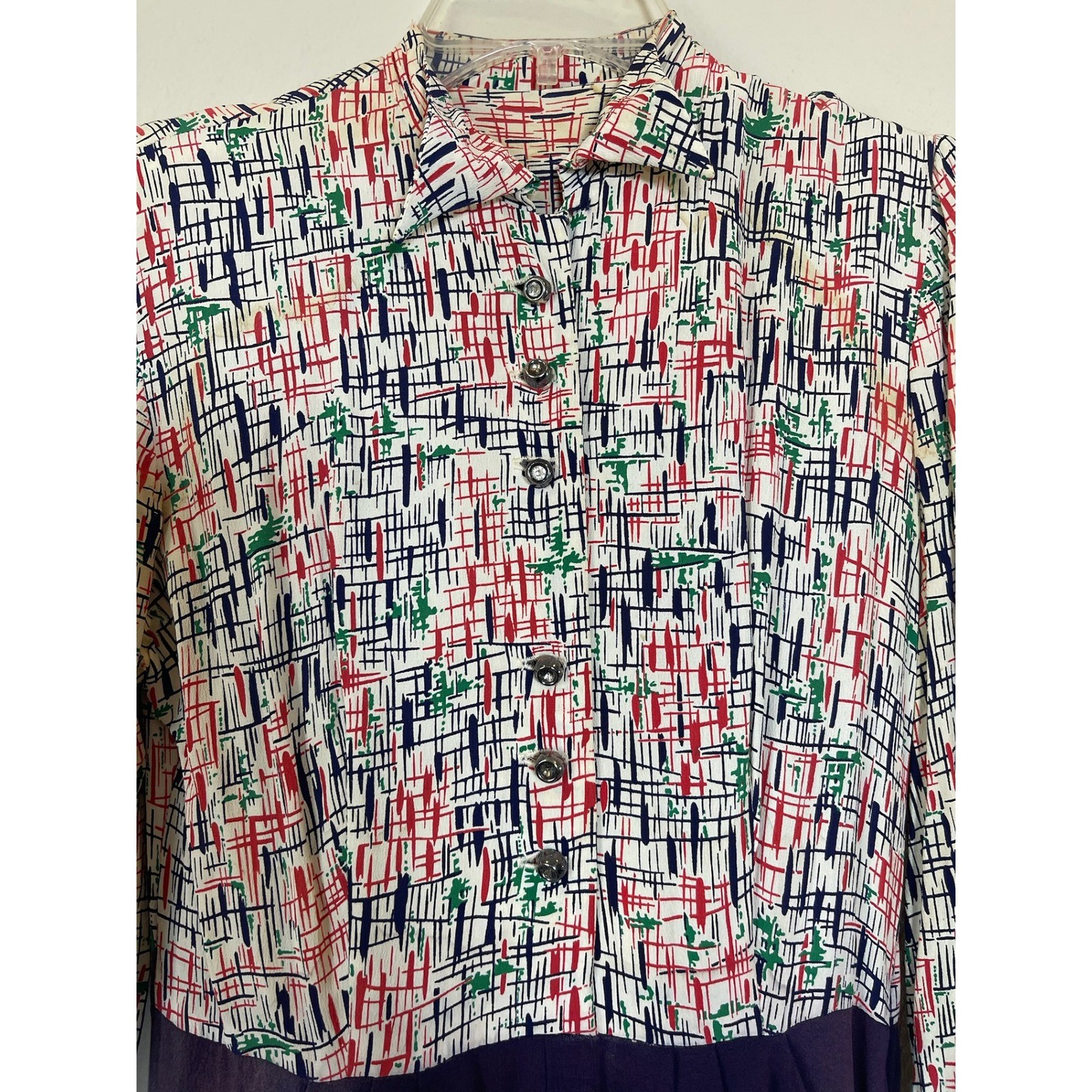 Vintage Handmade Abstract Mixed Media Midi Shirt Dress Pleated Pockets L/XL