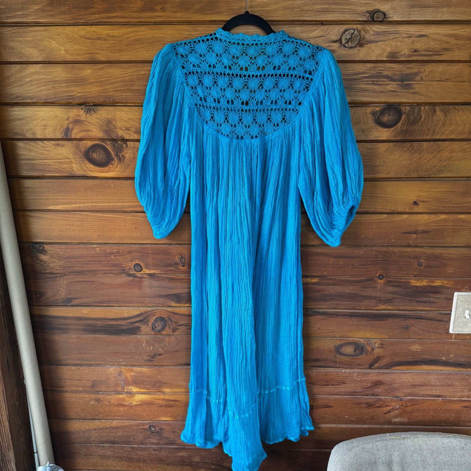 VTG 1970s Oaxaca Boho Hippie Turquoise Blue Cotton Gauze Flowy Dress Size S/M