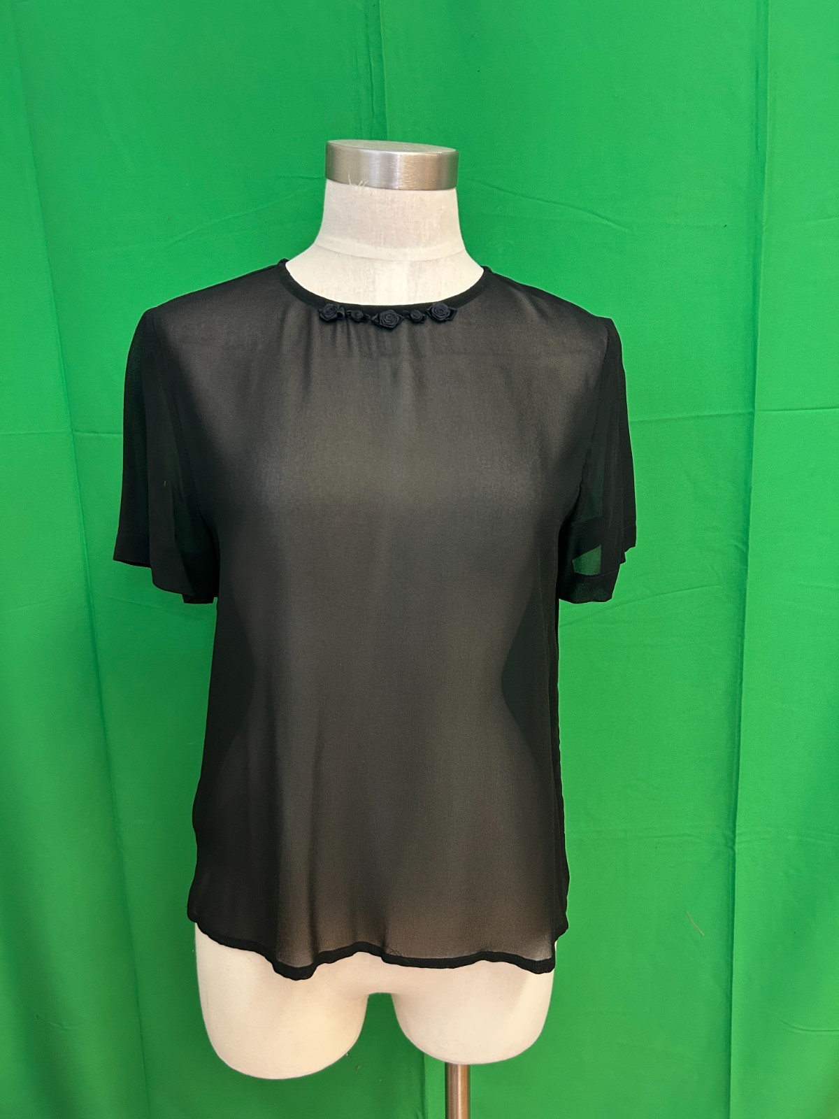 Vintage Henri Bendel Carol LeValley Black Sheer Top Rose Neckline Size 5 (Small)