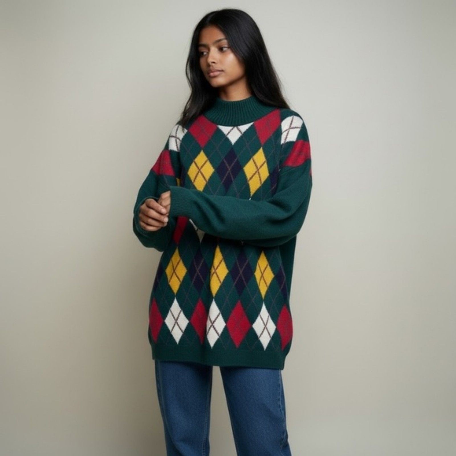 Vtg 80s Euro-Flash Argyle Knit Pullover Sweater Slouchy Mock Neck Dark Teal OS