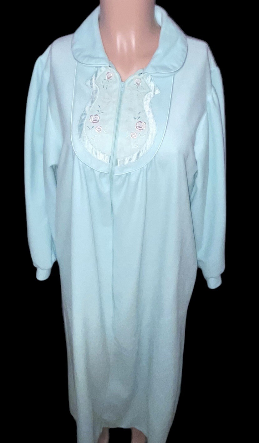 SEARS Blue Super Soft Lace Embroidery Zip Long Nightgown Robe Womens M (12-14)