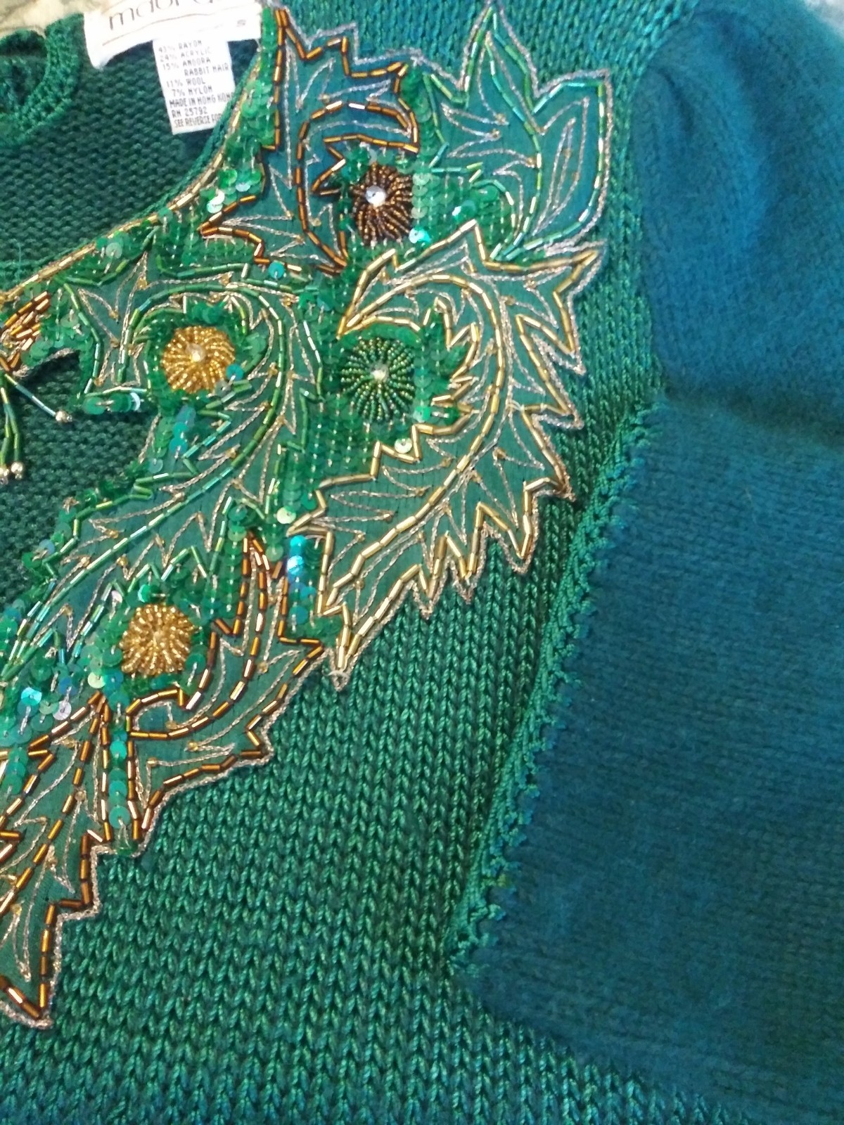 Vtg 80’s Maurada Emerald Green Beaded Pullover Sweater Small