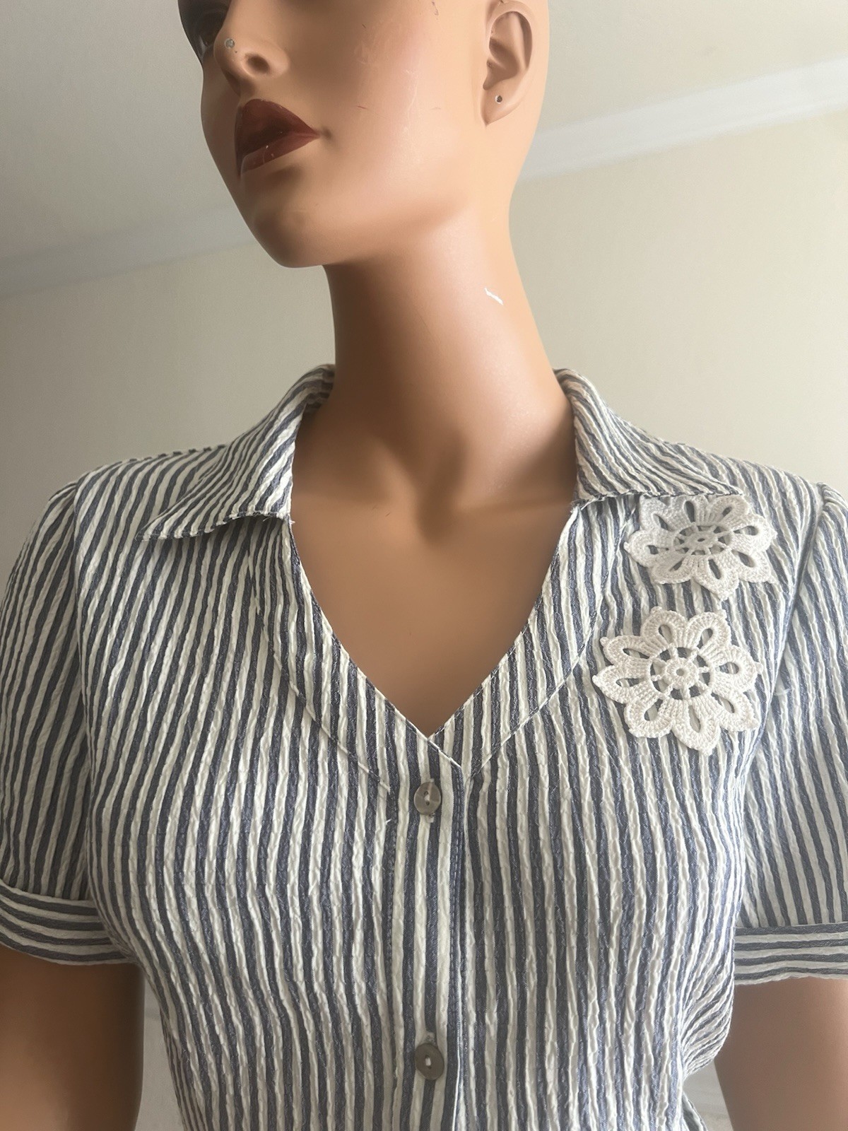 Vintage 80s 90s Seersucker Midi Dress Striped Uniform Style Crochet Lace Med