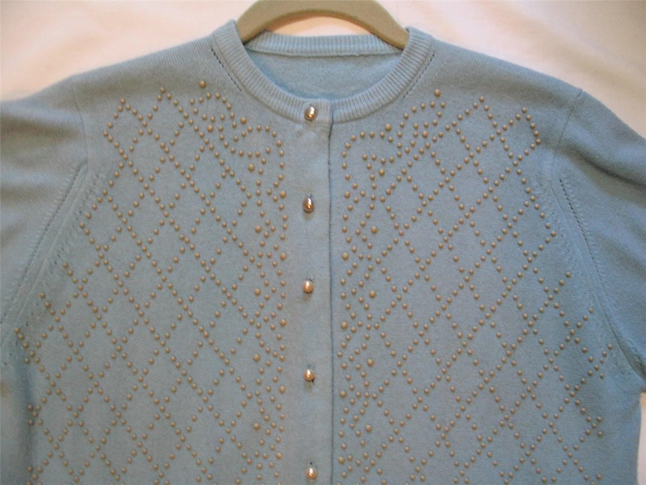 VNTG 1960S~CELADON ORLON~BEADED DESIGN~FAUX PEARL BUTTON CARDIGAN SWEATER~SM~36