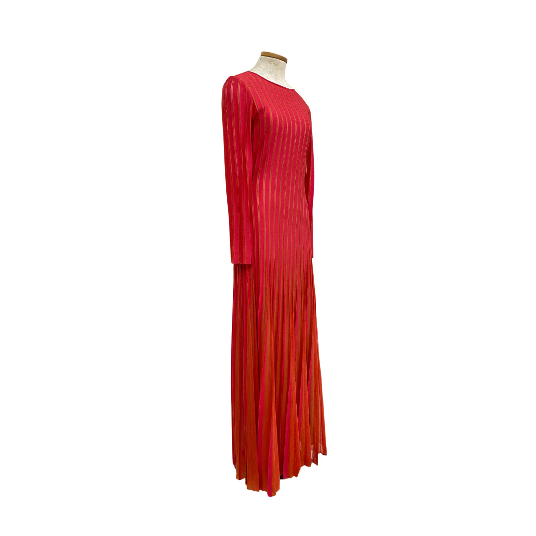 2021 St. John Magenta Pink Hot Pink Pleated Knit Luxury Scoop Back Maxi Dress