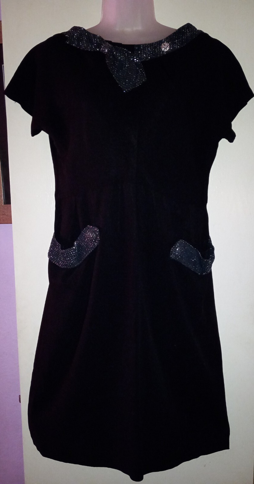 Vintage 40s Black Rayon Rhinestone Dress Metallic Net Collar Pockets Side Zip L