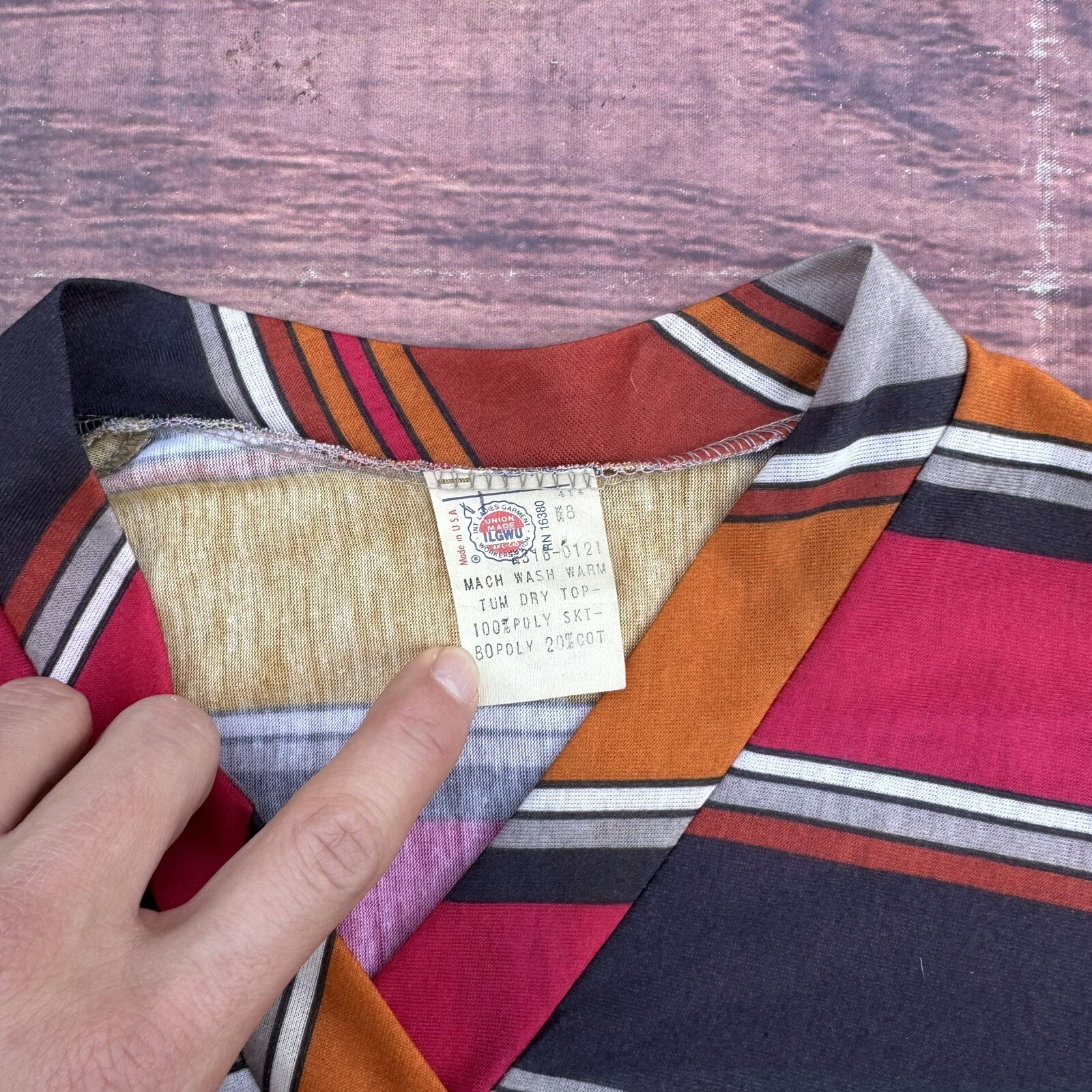 Vintage 70s Union Made Ilgwu USA Ladies Garments Poly Skirt Dress Striped Long
