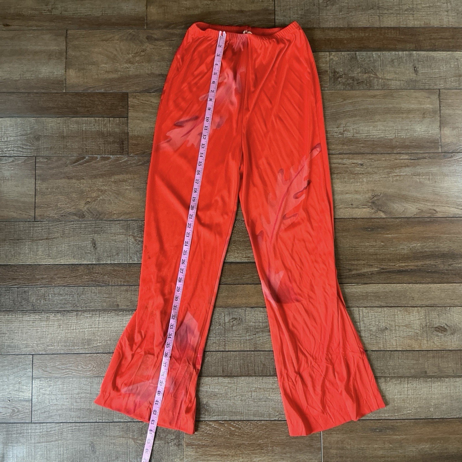 70s VINTAGE Red Orange Floral Poncho Top & Flare Pants 2-Pc Set Size 14 #16D8