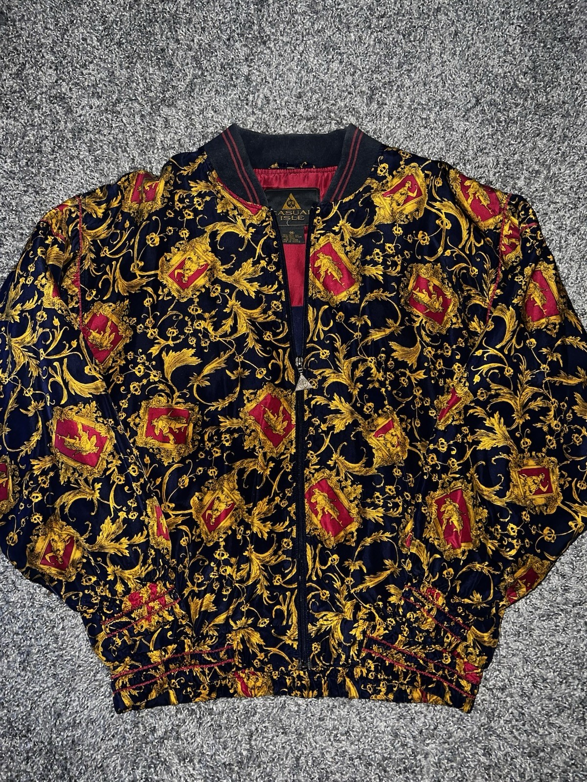 VTG 80s 100% Silk Bomber Jacket Abstract Baroque Print M Casual Isle Full Zip Up