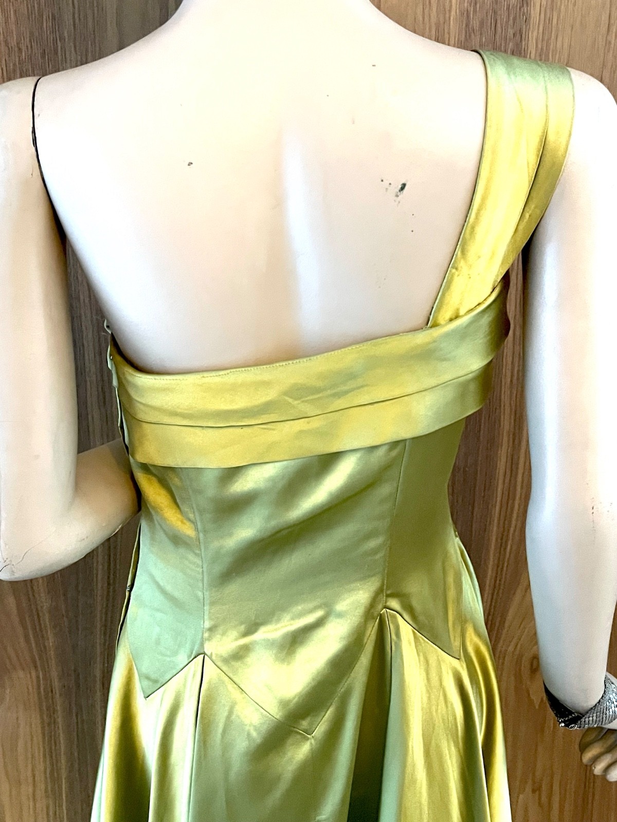 1950s CEIL CHAPMAN Silk Satin Gown Green Gold One Shoulder Full Skirt Dress