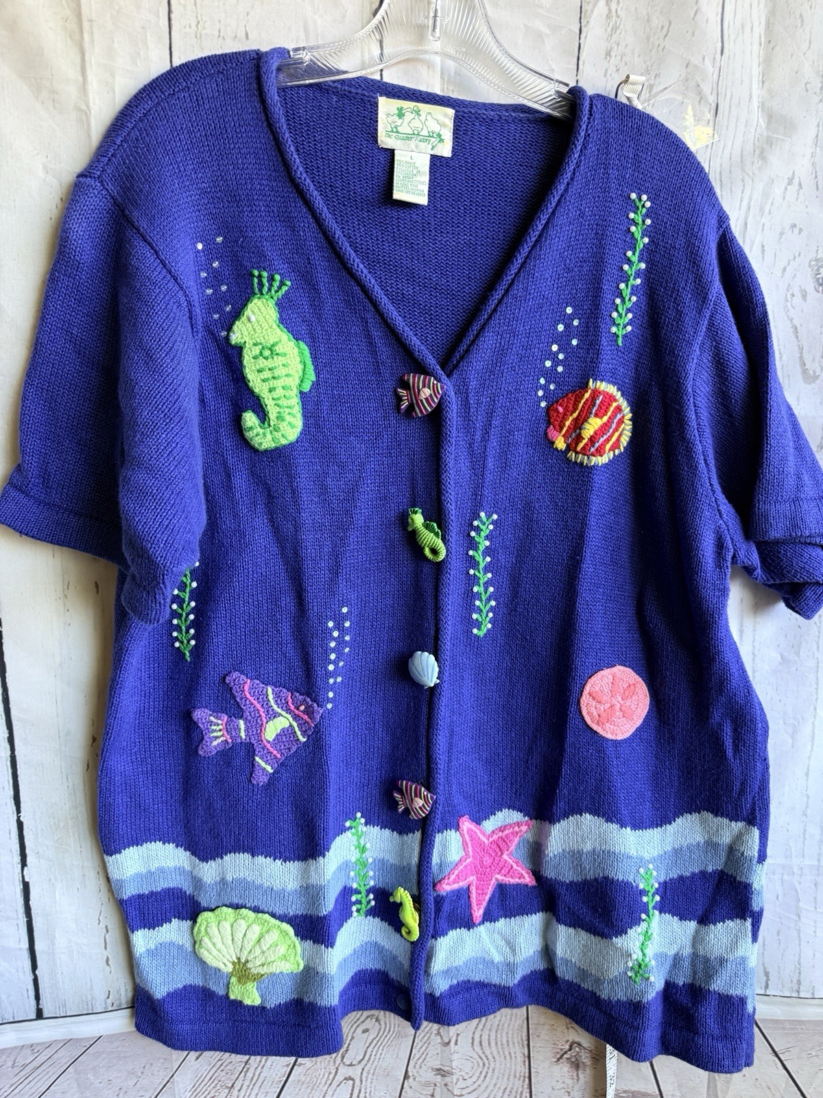 Vintage Ocean Seahorse Fish Shells Quacker Factory Sweater Teacher Whimsy L