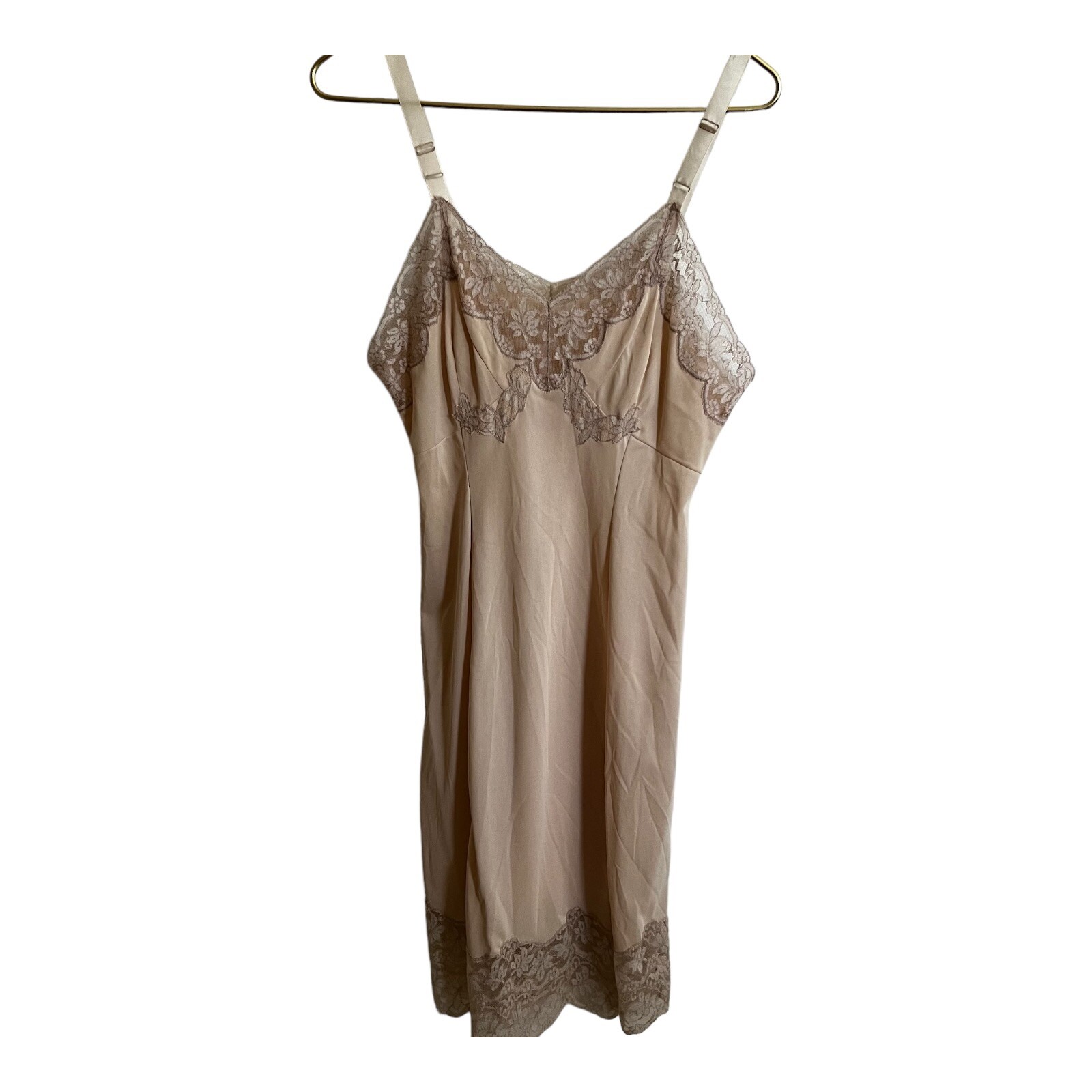 VTG Slip Nude Polyester Lace Bodice Knee Length Size M Lingerie 32” B/C Bust