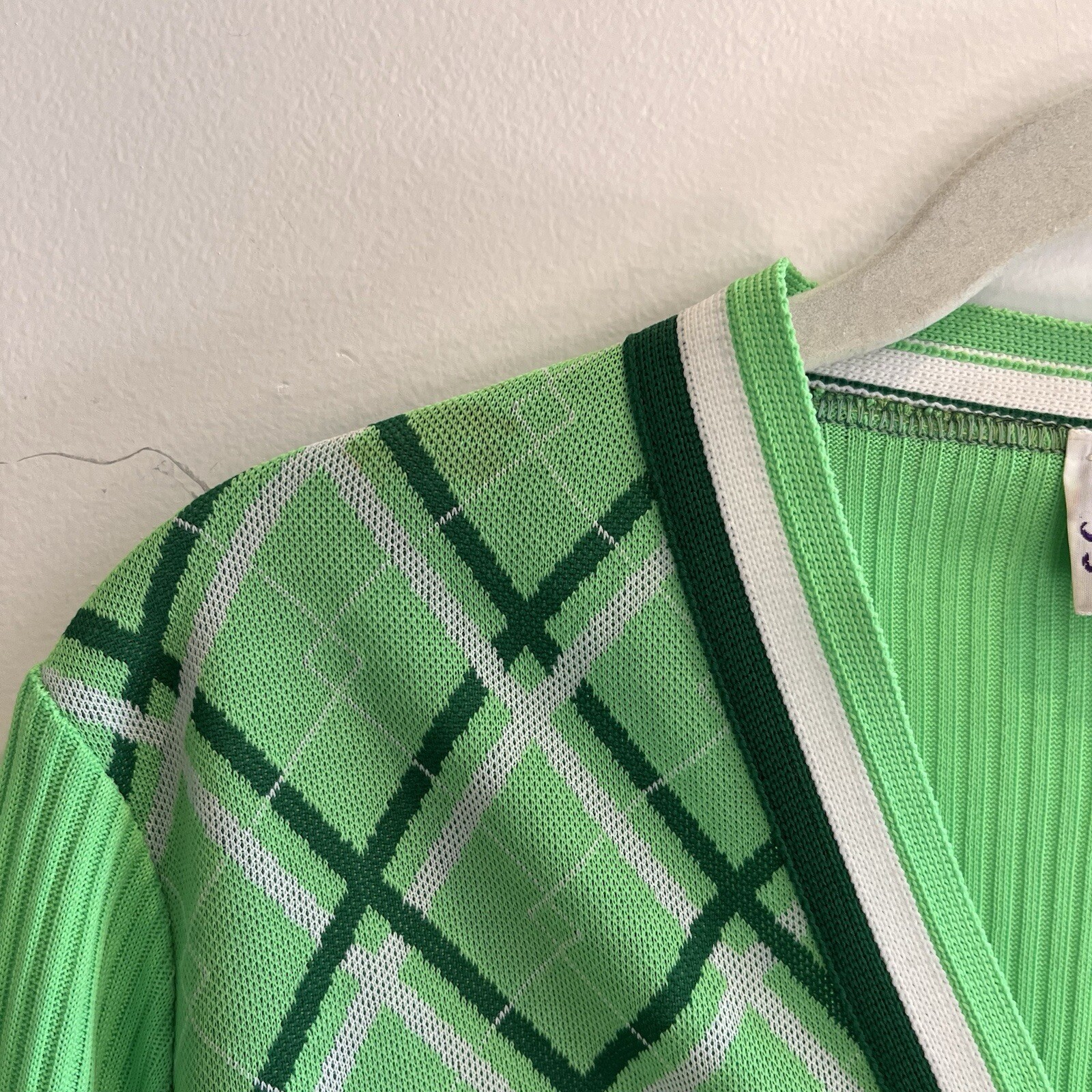 Vtg 60s 70s Green Argyle Cardigan Knit Check 5-6 Women’s Aspirations Preppy Flaw