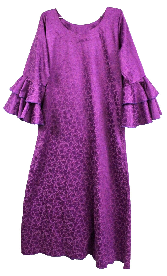 Vintage 1970s Violet Cotton Damask Floor Length Gown Ruffle Sleeve Finland L