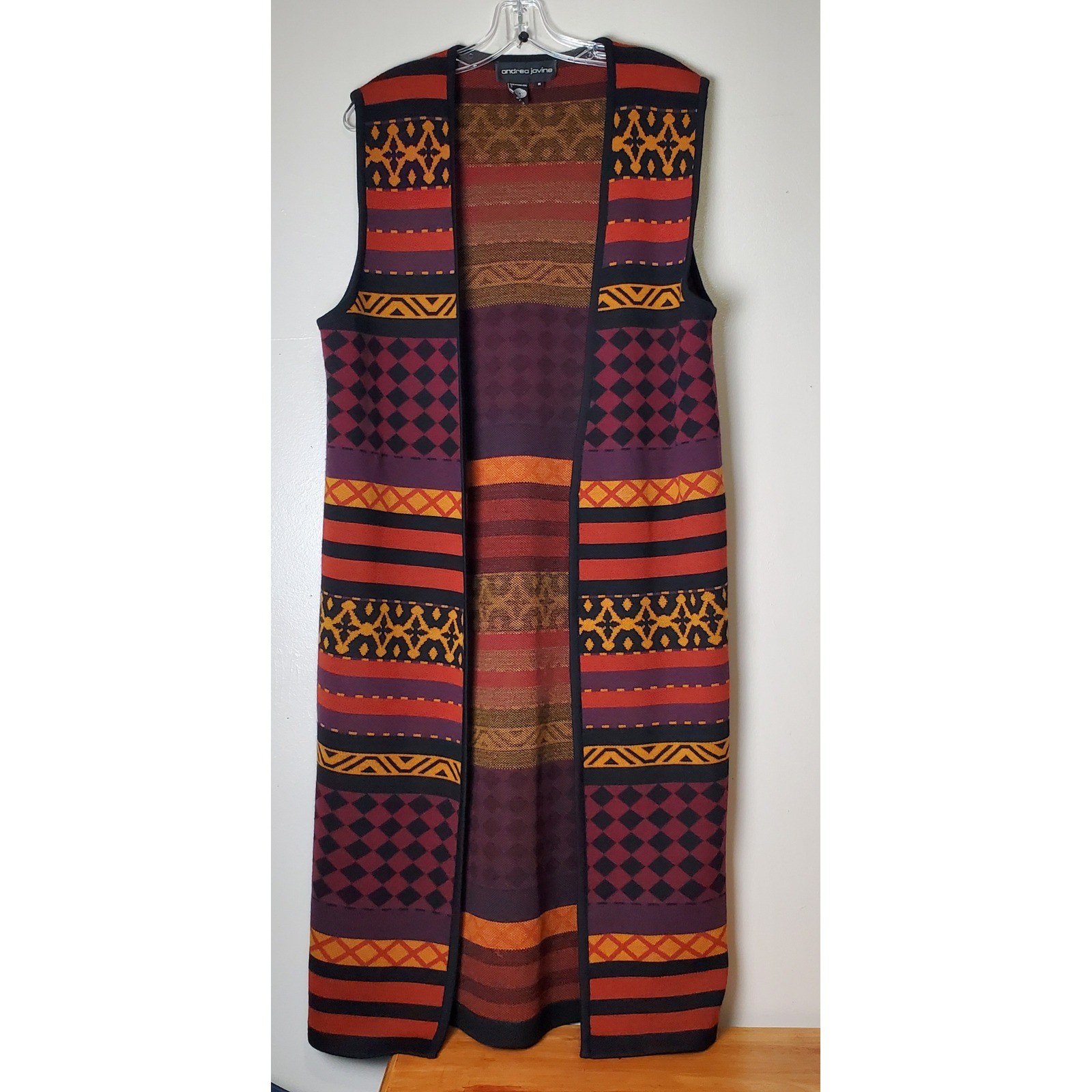 Vintage Andrea Jovine Pure Wool Long Sweater Vest Duster Medium Boho Fair Isle