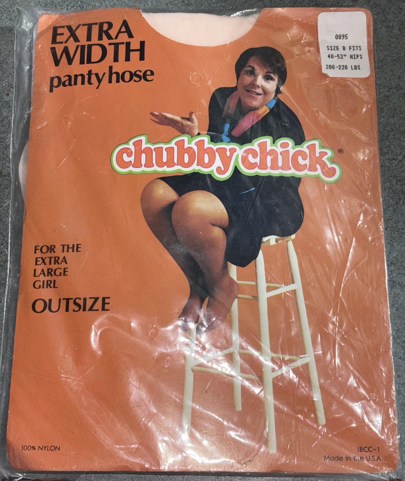 VINTAGE NEW CHUBBY CHICK EXTRA WIDE NYLON PANTYHOSE FITS HIPS 48”-52” TAN Size B