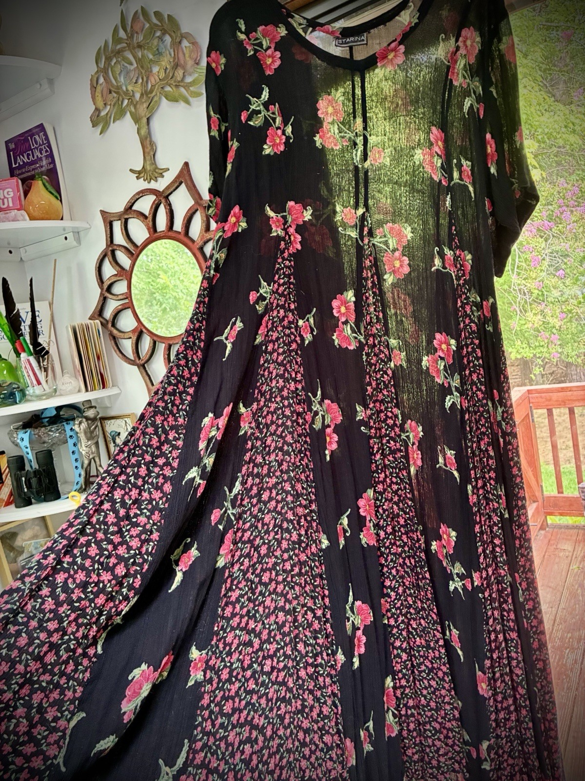 Vintage 90s Starina Black Floral Crinkle Rayon Maxi Dress L Whimsigoth Prairie