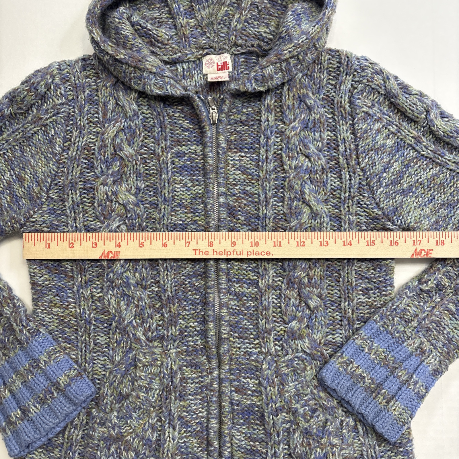 Vintage TILT Knit Zip Up Hoodie Sweater Sz M Cottagecore Blue Purple 90s Y2k