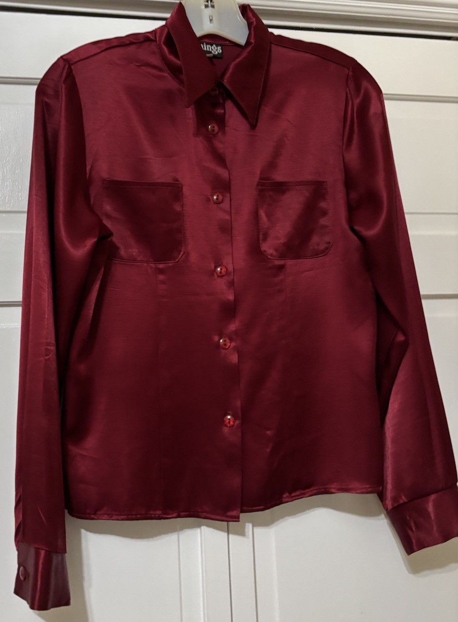 Vintage Classic 90s Tymings Burgundy Long Sleeve Liquid satin Button Up blouse S