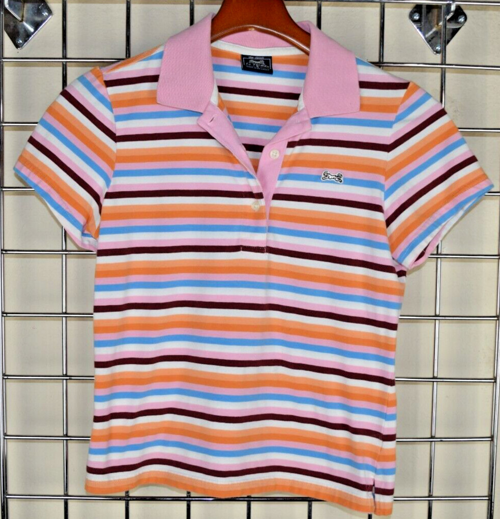 Vintage Womens Le TIGRE Shirt Size S/M 90s Pink Blue Orange Stripes White Tiger