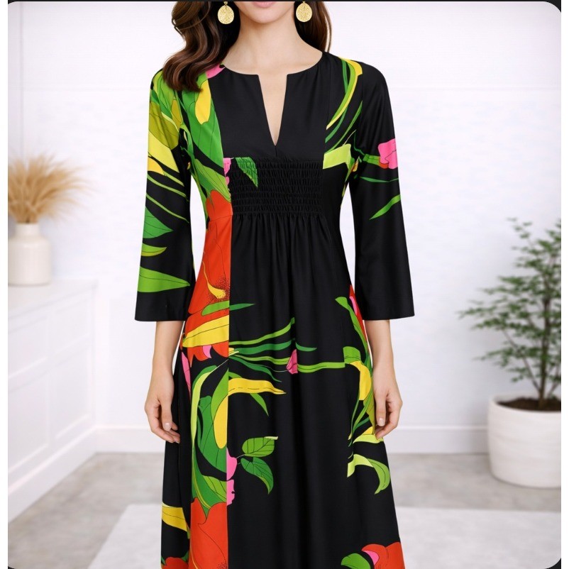 Waltah Clarke’s Maxi Dress Black Floral Vintage Hawaiian Empire Waist 60s