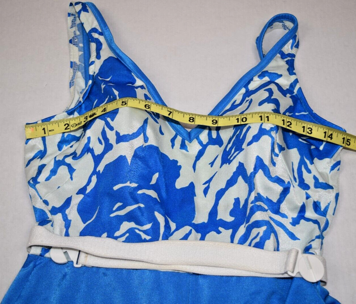 Vintage Swimsuit 2 Tone Electric Blue White Size 16 S/M 70s Internal Bra & Belt