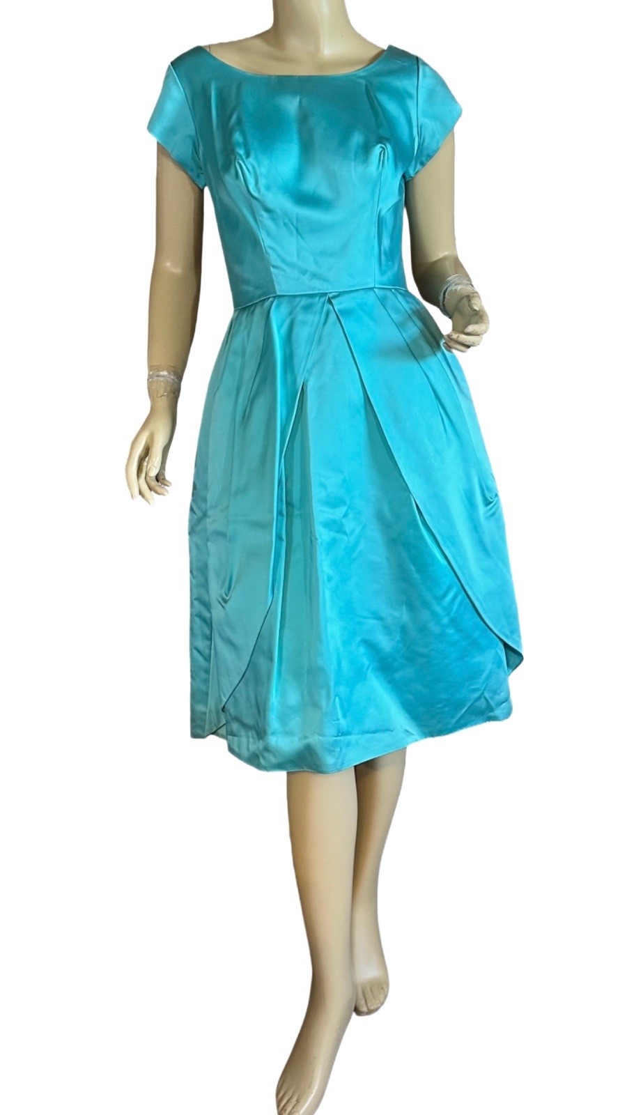 VINTAGE CIRCA 1950’S AQUA BLUE SATIN BUBBLE HEM PARTY DRESS SZ APPX SMALL