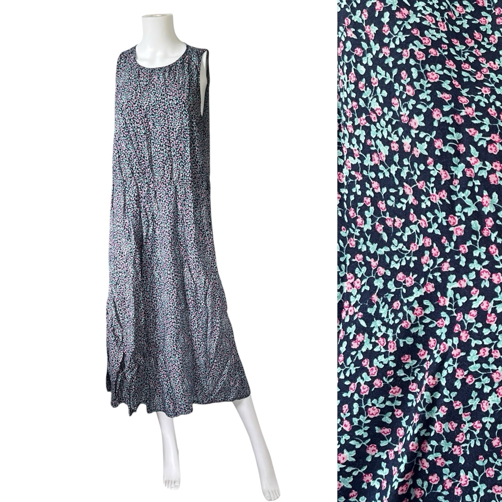 Vintage 90s Paquette Too Sleeveless Floral Print Midi Dress Cottagecore Size 14