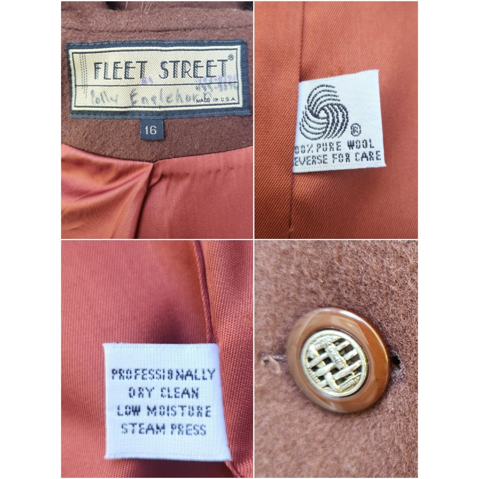 Vintage 80s Fleet Street Overcoat Brown Wool Double Breasted Fur Trim Hood 16