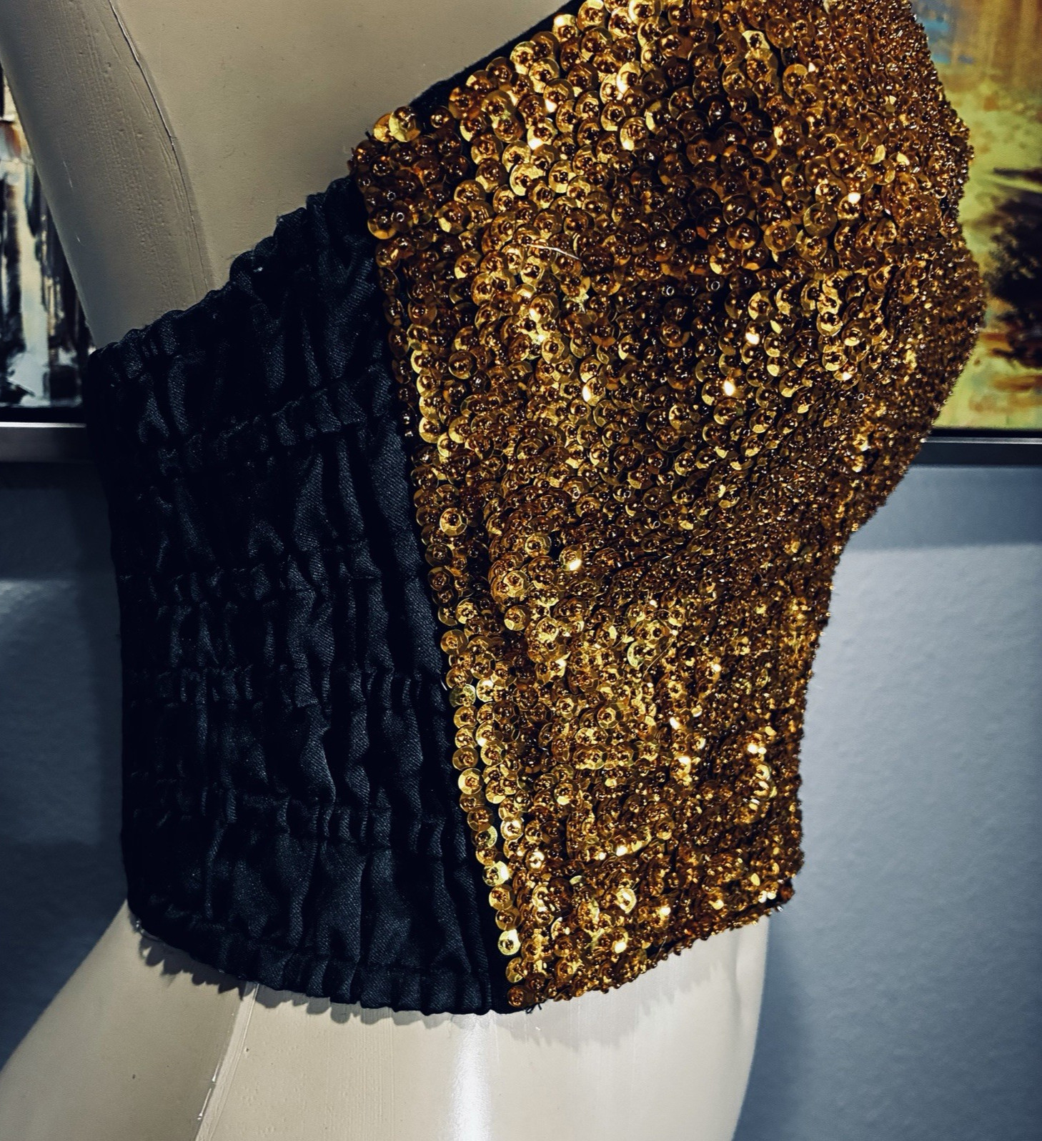 Vtg Gold Sequin Halter Fashion Corset Rayon Bustier Top L