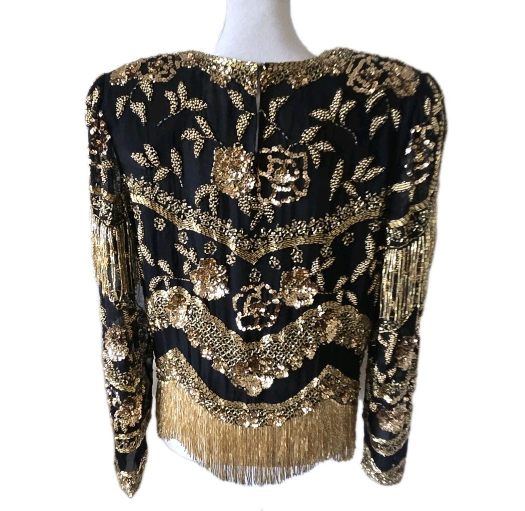 Vtg 80s 100%Silk Gold Embellished Top By Black Tie, S, Party, Formal