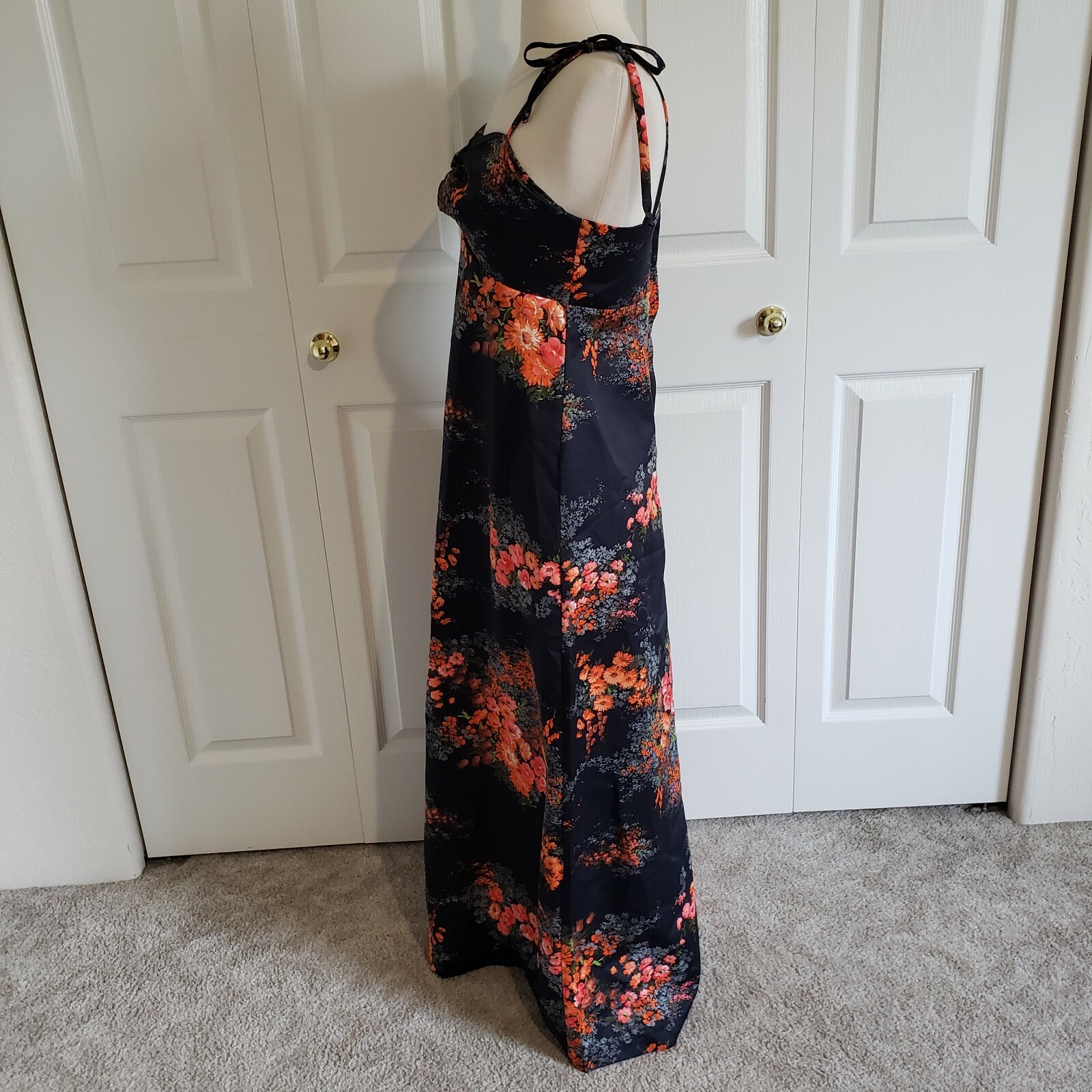 Vtg 60s Sun Fashions Hawaiian Tiki Maxi Black Floral Spaghetti Strap Dress XS