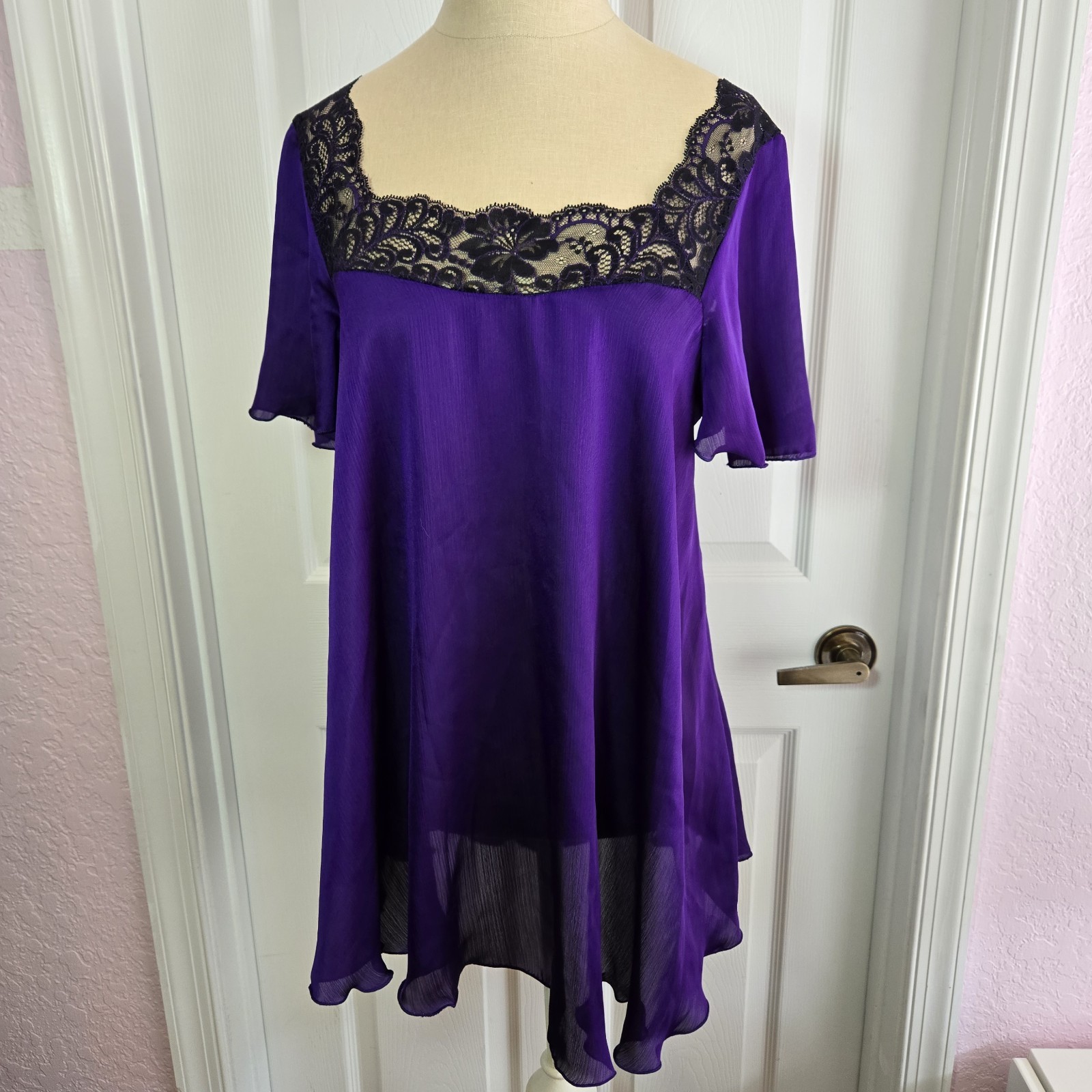 Shirley Of Hollywood Vtg One Size Purple Black Nightgown Nightie Lace Lingerie