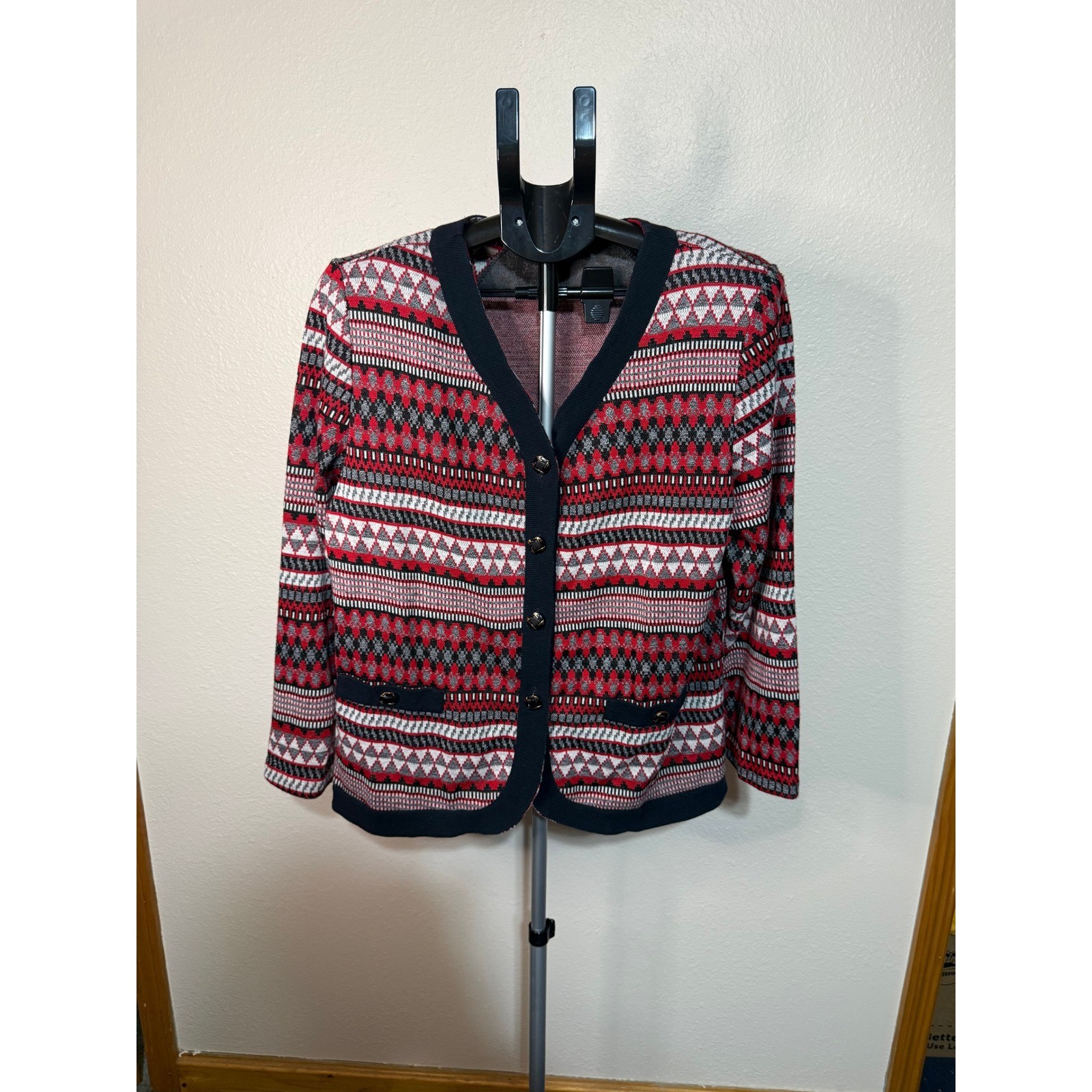Pablo Collection Vintage Red Geometric Knit Cardigan Jacket Made in USA Size 16